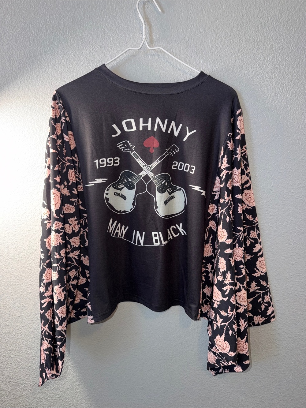'Man in Black' Black Tee with Pink Floral Sleeves